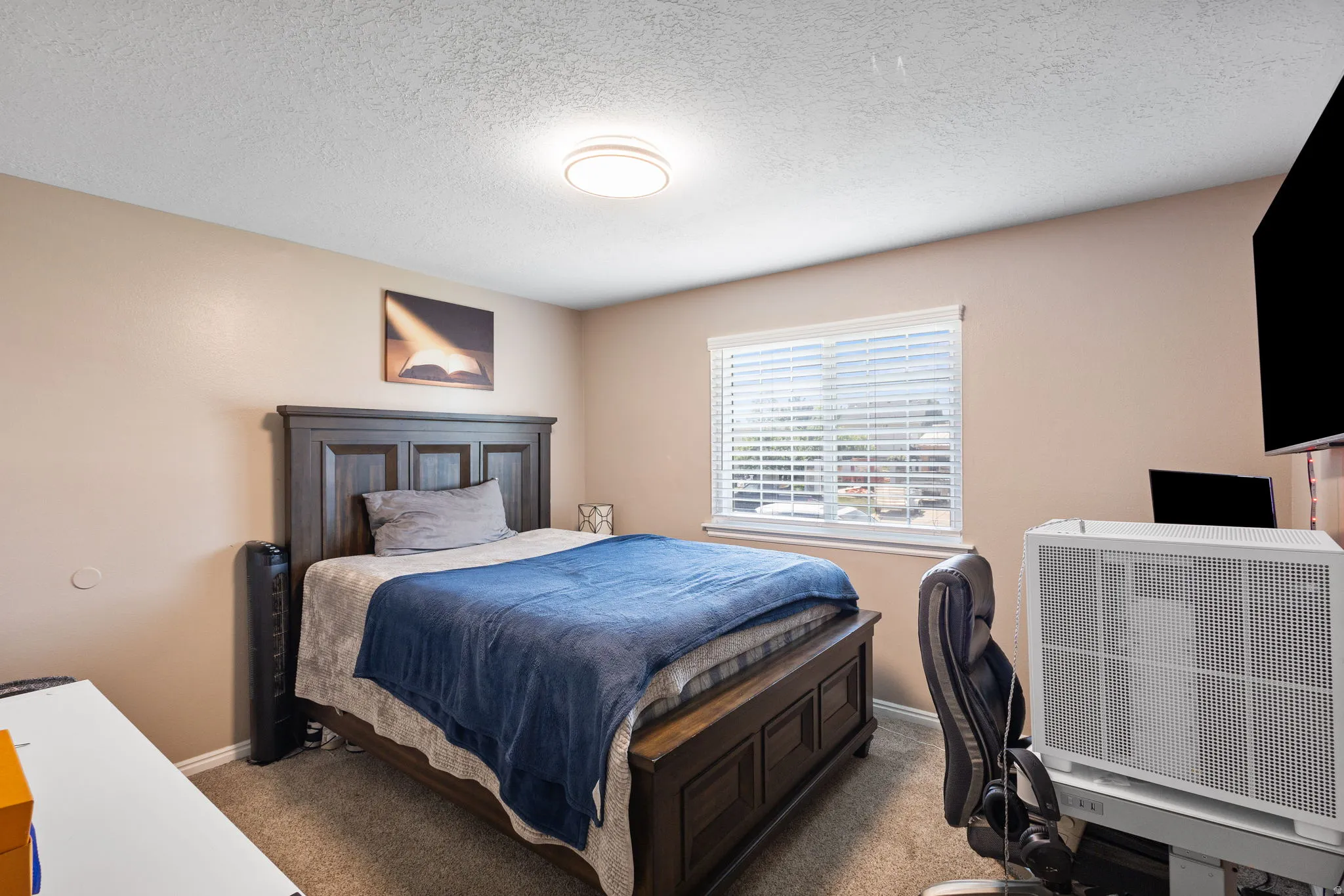 Neutral-toned walls with textured ceiling, wall-to-wall carpeting, and a window with blinds