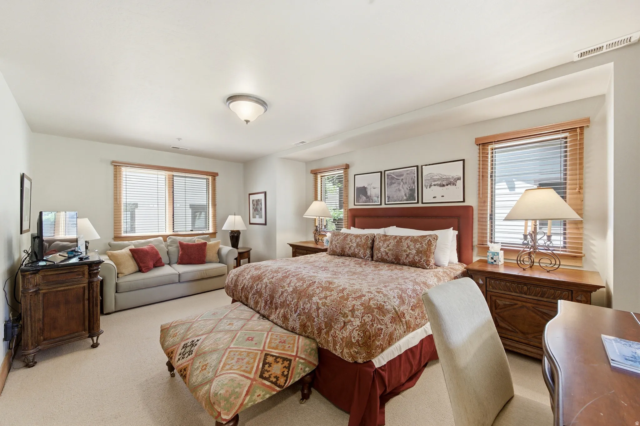 Recessed windows with wood-finish blinds