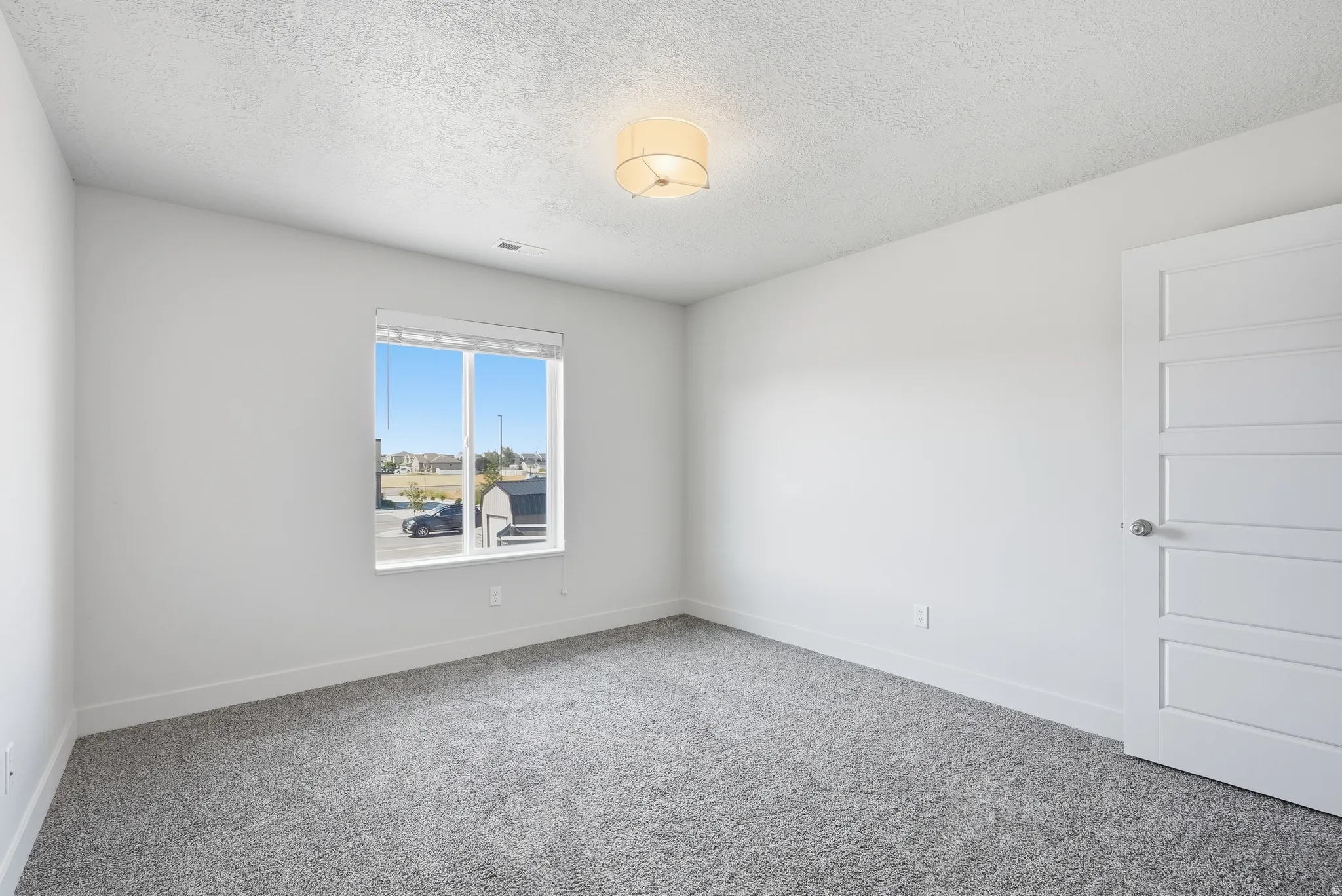 Neutral color palette with textured carpeting, a white paneled door, and a flush mount ceiling light fixture
