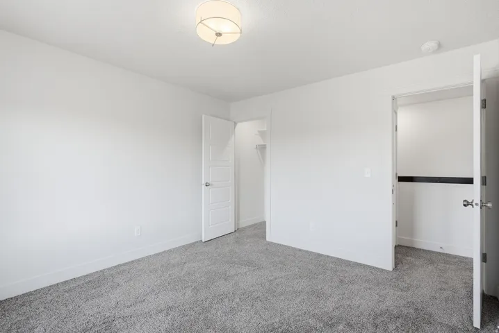 Gray textured carpeting, white walls, and a contemporary ceiling light fixture