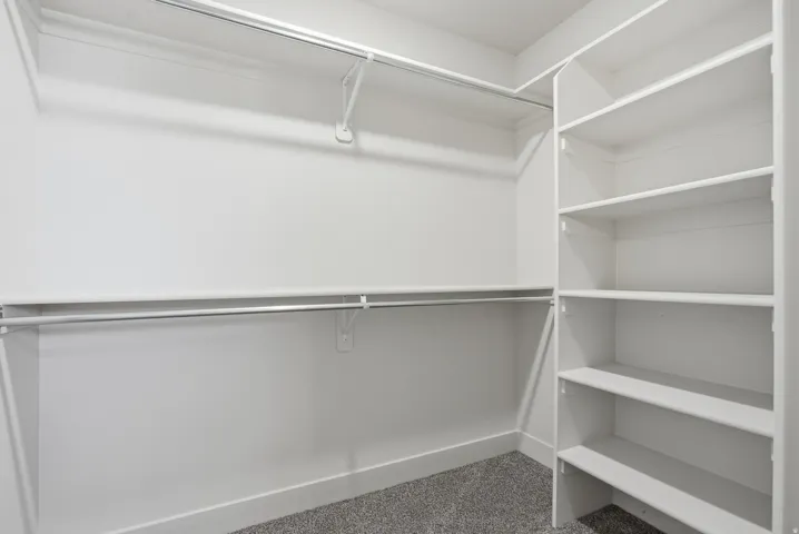 White built-in shelving, dual hanging rods, light gray carpeting, and white walls