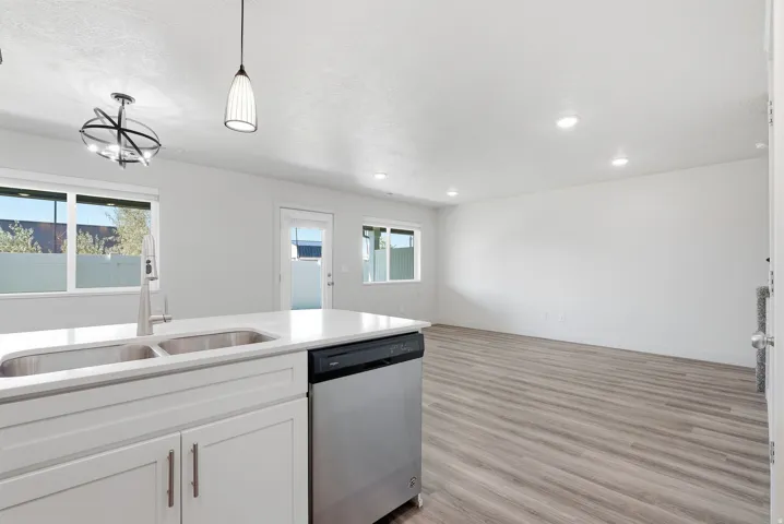 Kitchen island with double basin sink, white cabinetry, and stainless steel dishwasher