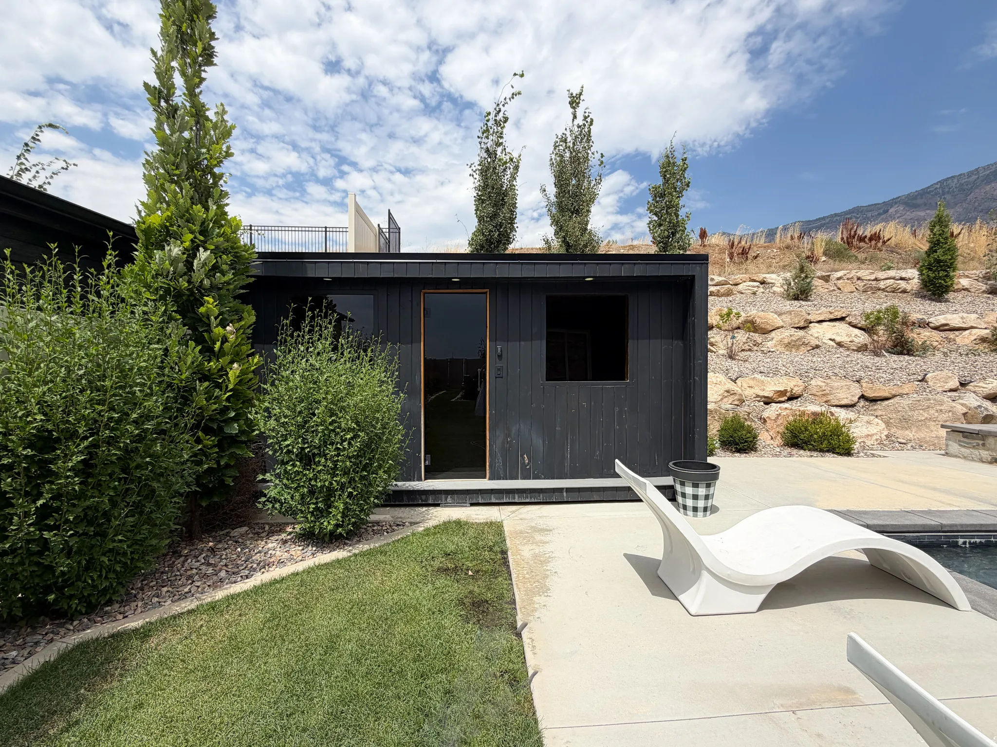 Dark-stained wood siding structure with a full-light entry door, a flat roofline, and a concrete patio