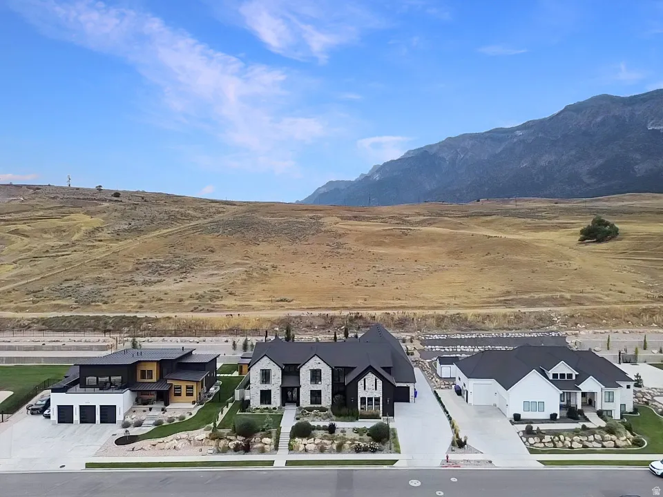Contemporary homes featuring distinct architectural styles and extensive paved driveways