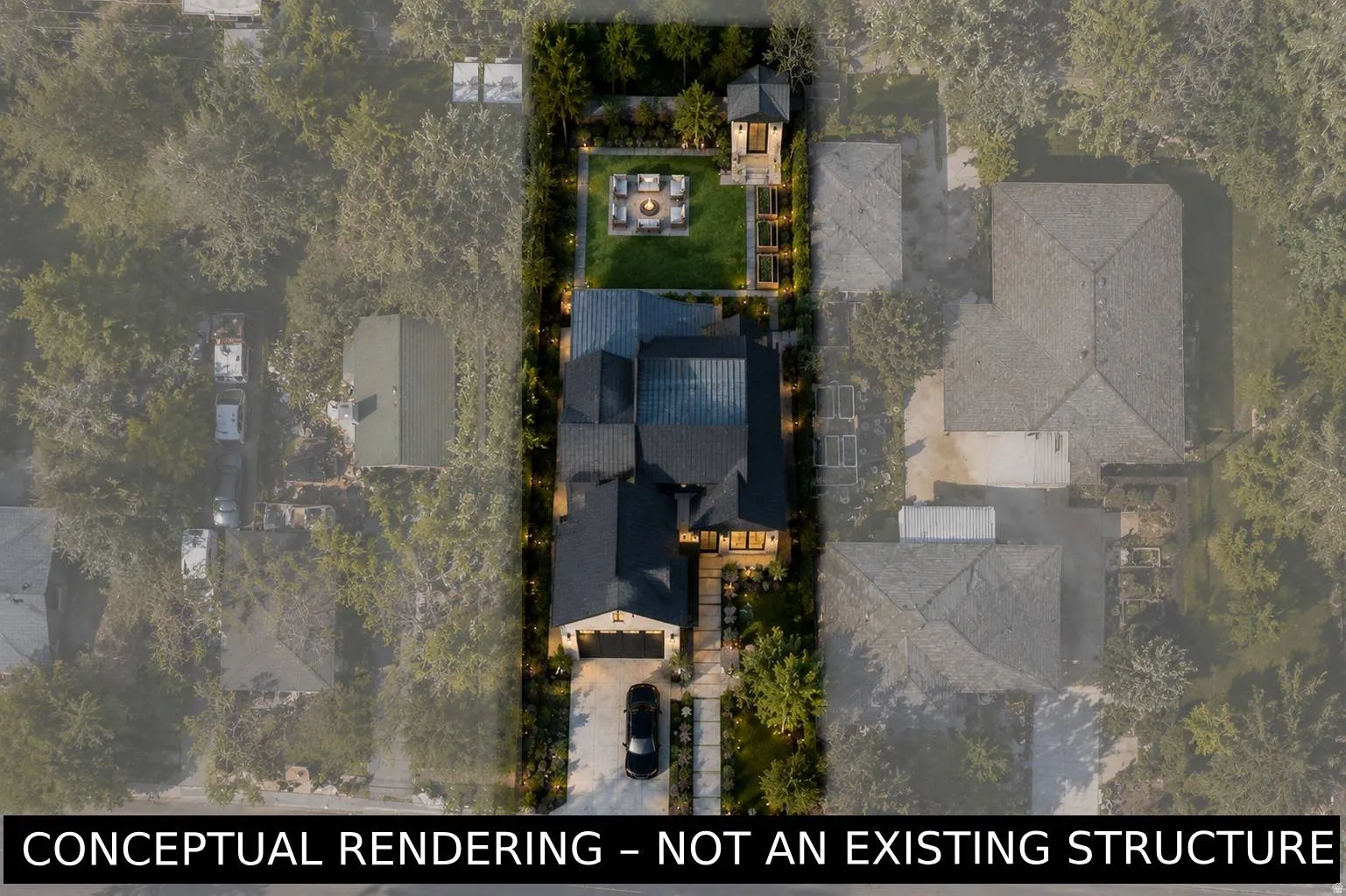 Black shingle roof with multiple gables, extensive front paver driveway, manicured lawn with fire pit feature, rear pergola, and mature trees