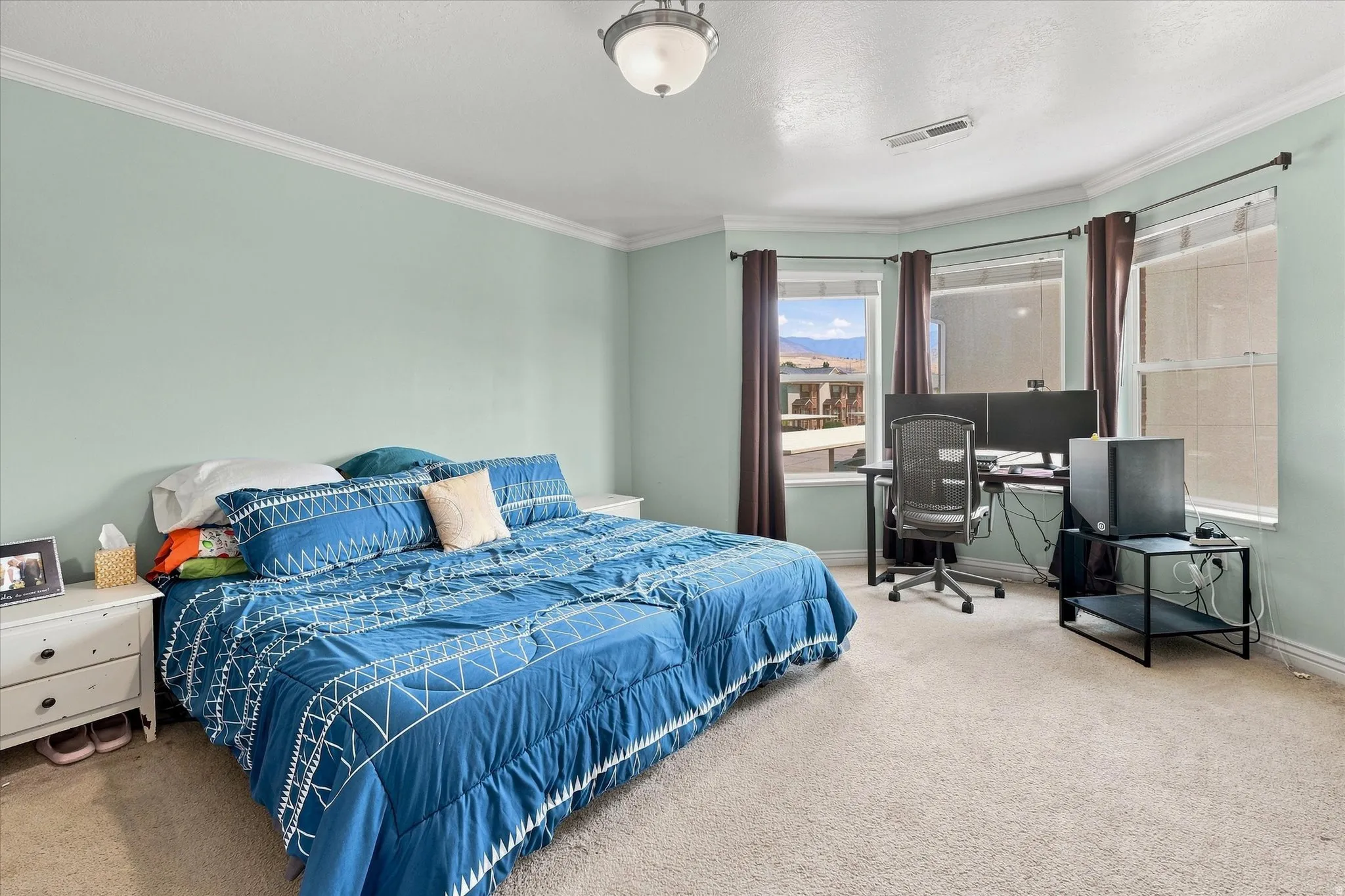 Recessed bay window, crown molding, light-colored carpeting, ceiling light fixture, and window blinds