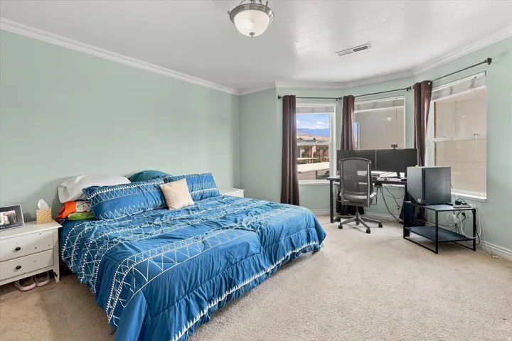 Recessed bay window, crown molding, light-colored carpeting, ceiling light fixture, and window blinds