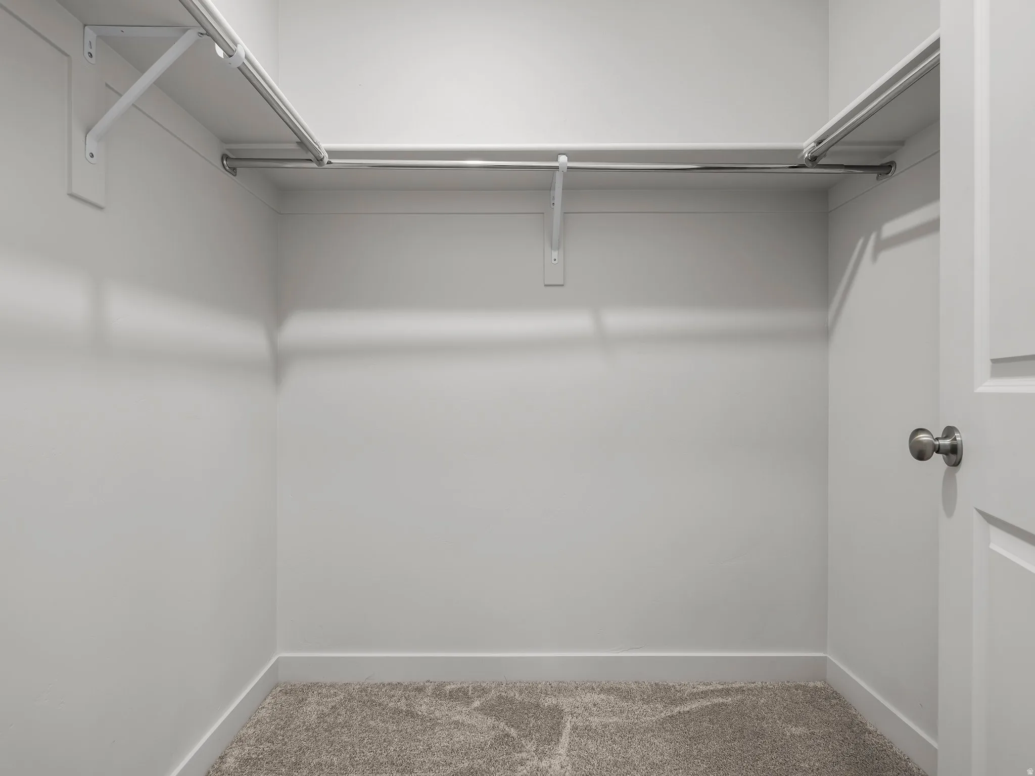 Walk-in closet with carpet flooring, white walls, and built-in metal hanging rods