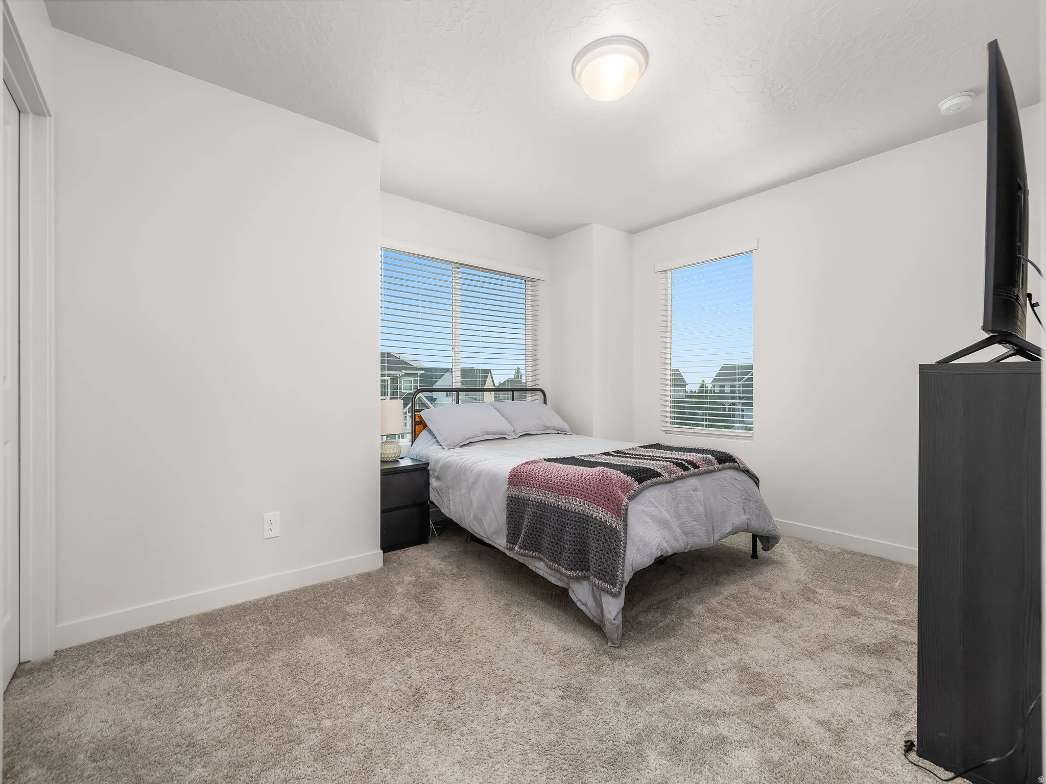 Plush carpeted flooring, two windows with blinds, and an overhead flush-mount light fixture