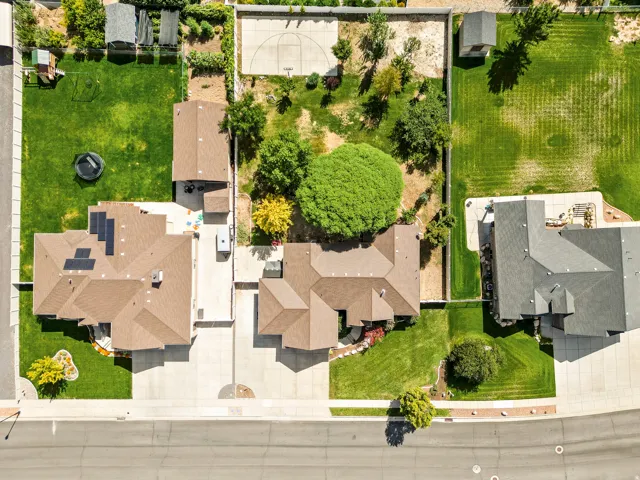 Expansive property featuring a paved driveway, solar panels on the roof, established trees, and a concrete sport court