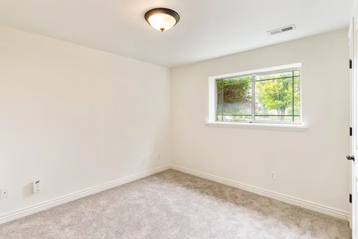 Neutral wall paint, light-toned carpet, white window trim, and a ceiling-mounted light fixture