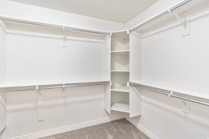 Walk-in closet featuring white built-in shelving, multiple hanging rods, and gray carpet
