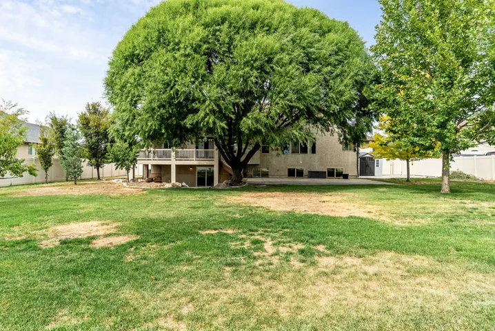 Expansive backyard featuring a large tree providing shade, a concrete patio, and a two-story deck with white railings