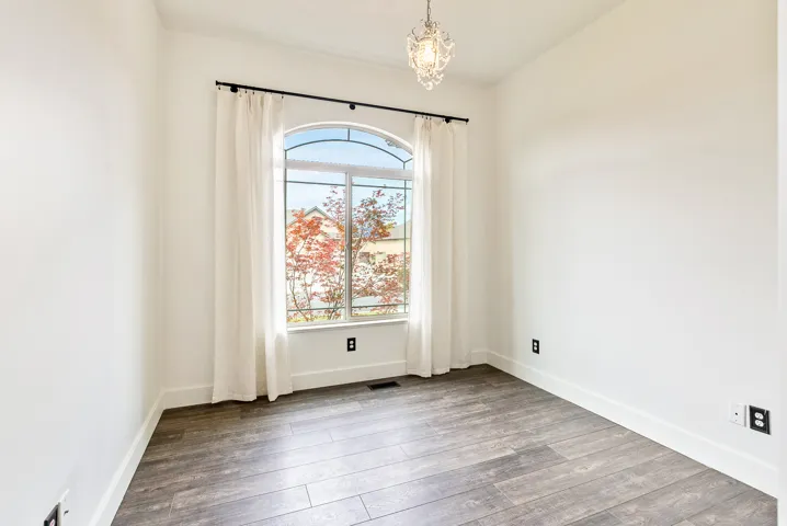 Arch-top window with curtains, wood-finish flooring, and a decorative ceiling light fixture