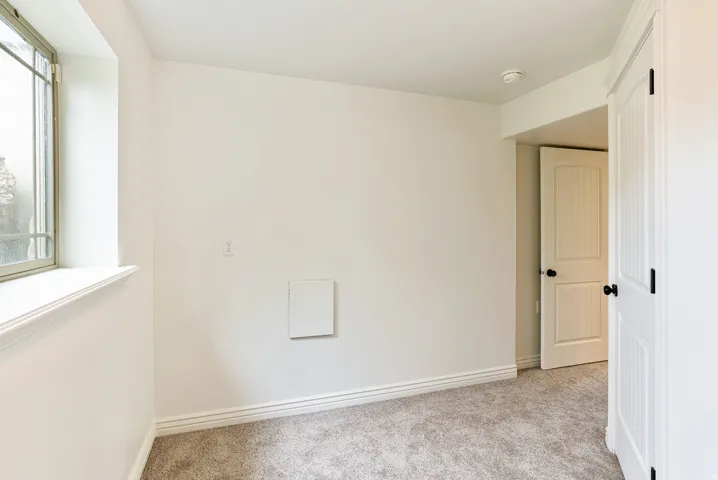 White paneled door with matte black hardware, neutral wall color, and carpeted flooring