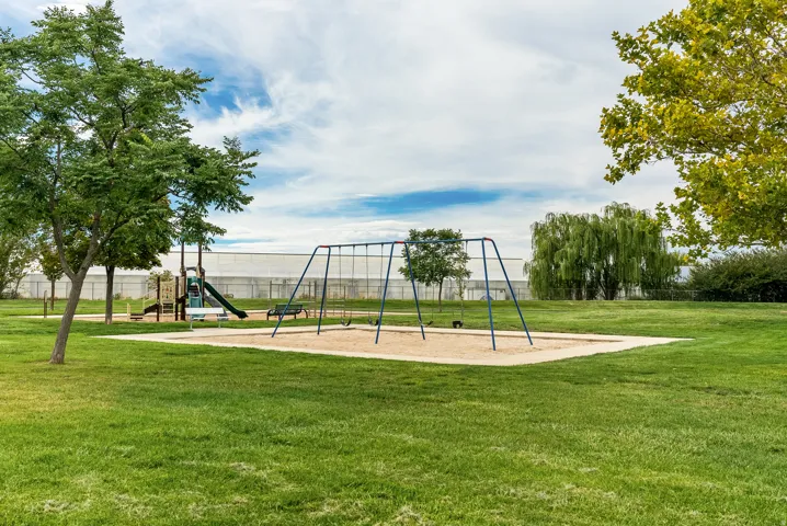 Community playground featuring a swing set, play structure with slide, and surrounding green space