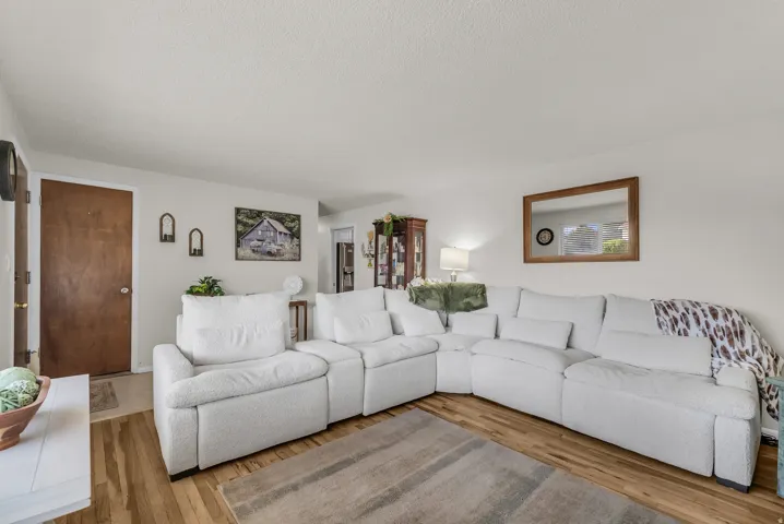 Wood-finish flooring with a neutral area rug