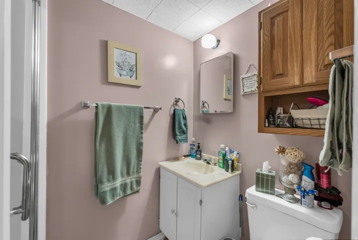 Large 3/4 bath room down stairs. Vanity with integrated sink, wall-mounted mirror, overhead lighting, and wood-finish cabinetry