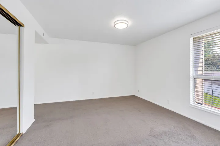Wall-to-wall carpeting, window with blinds, overhead flush-mount lighting, and mirrored closet doors