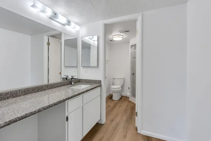 Dual vanity with integrated sinks, granite-style countertop, and white cabinetry