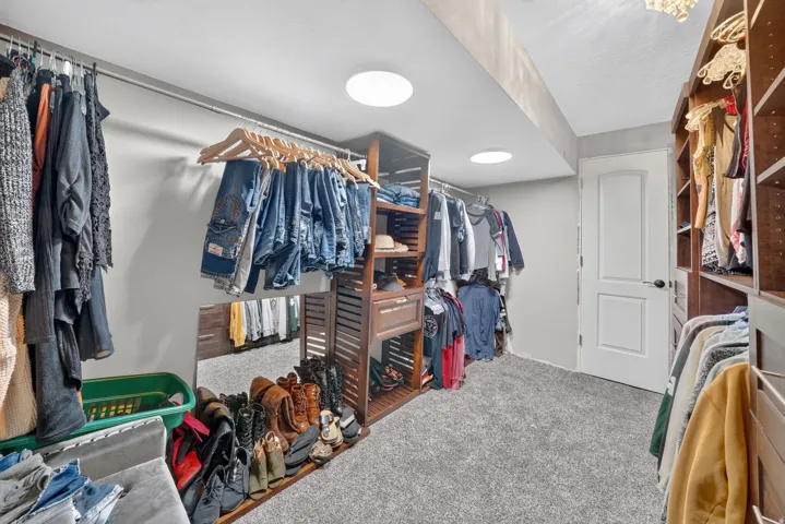 Wall-mounted clothing rods, built-in shelving, recessed ceiling lights, and light gray carpeting