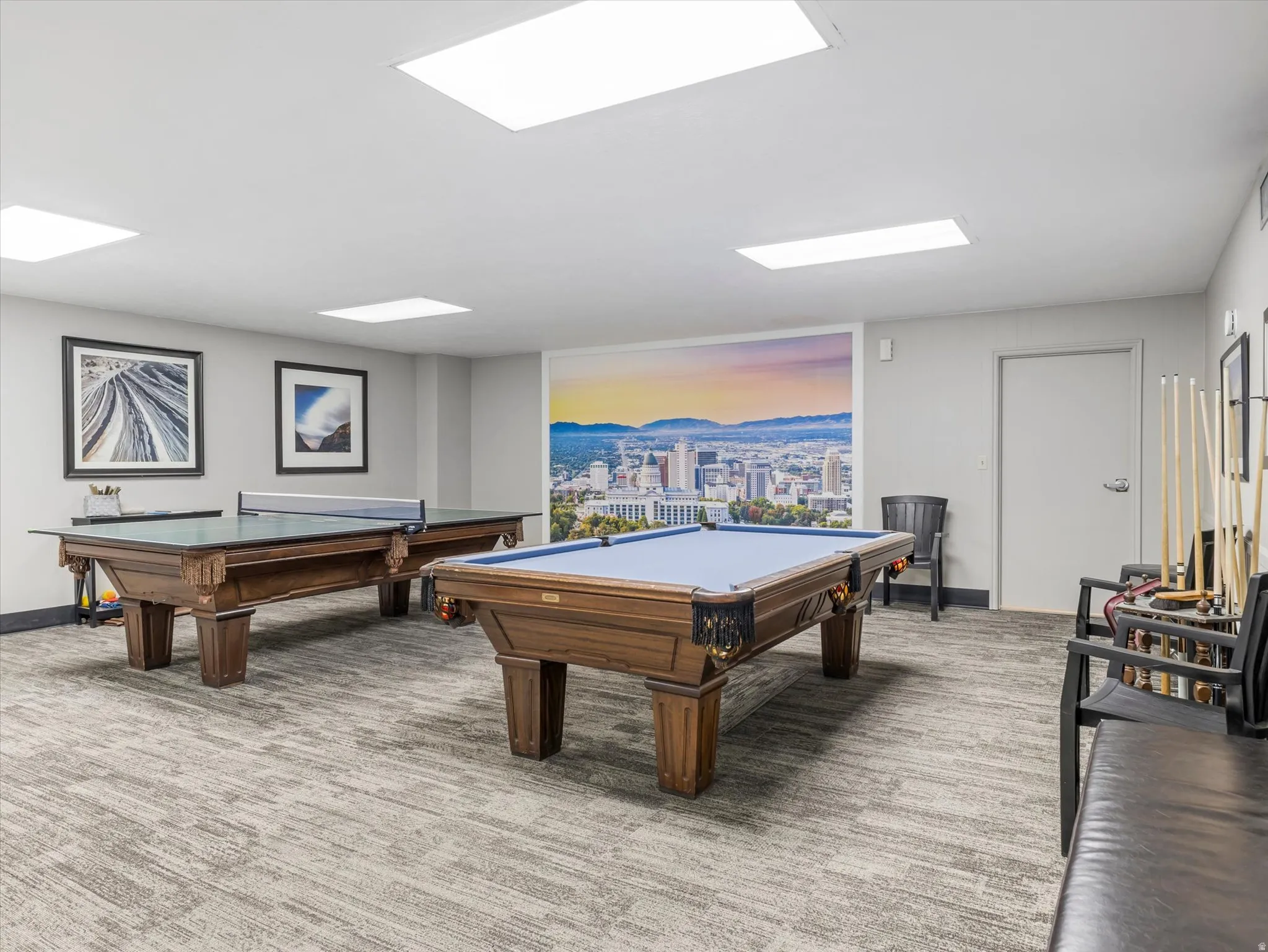 Recreational room featuring a billiard table, ping pong table, and recessed ceiling lighting
