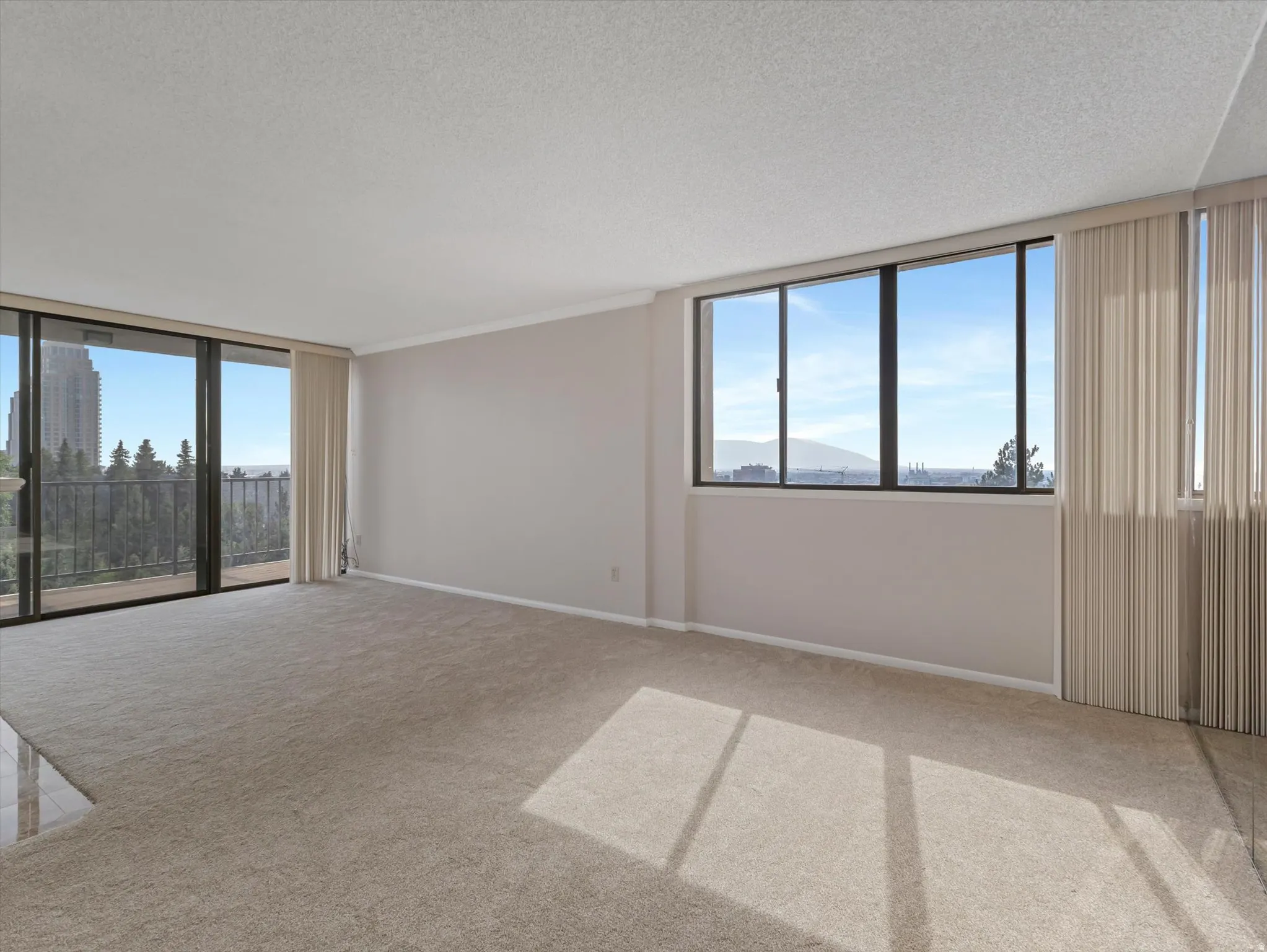 Expansive living area featuring carpet flooring, full-height windows, and a glass sliding door