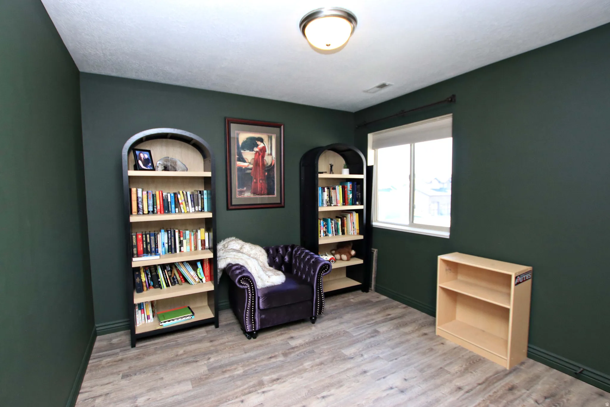 Wood-finish flooring, deep green walls, built-in lighting fixture, and a window with white trim