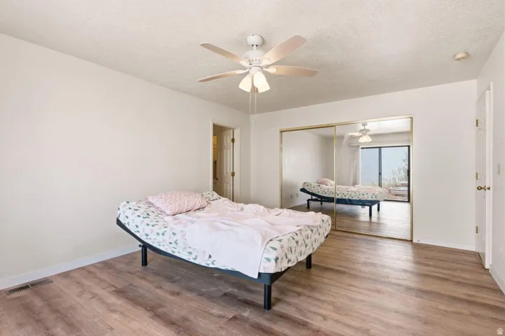 Wood-finish flooring, mirrored sliding closet doors, and an overhead ceiling fan with integrated lighting