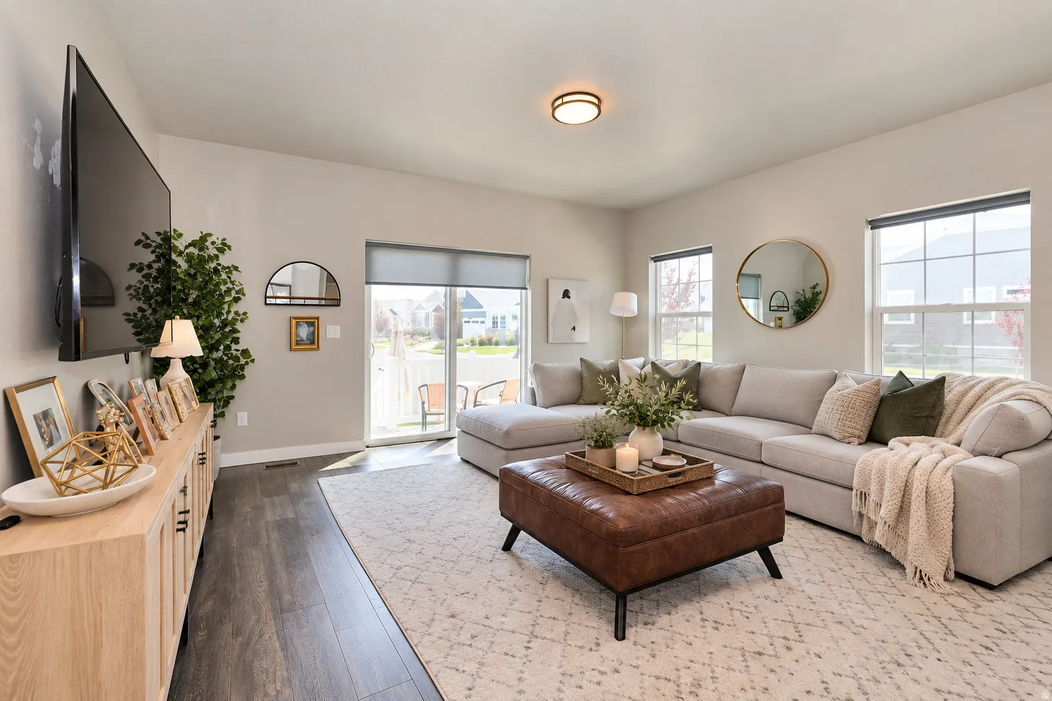 Spacious living area featuring wood-finish flooring, light-colored walls, multiple windows for abundant natural light, and a sliding glass door