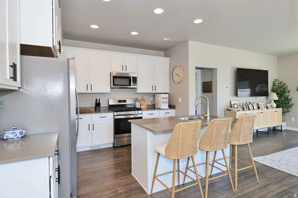 Modern kitchen featuring white cabinetry, stainless steel appliances, and wood-finish flooring