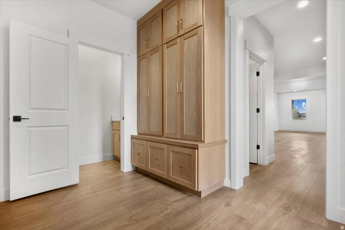 Built-in wood cabinetry with gold hardware, white interior doors with black hardware, wood-finish flooring, and recessed lighting