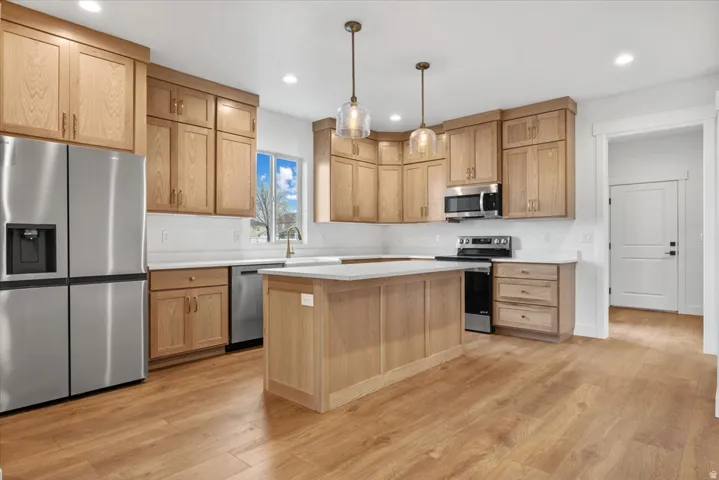 Kitchen featuring wood-finish flooring, light wood cabinetry, white countertops, and stainless steel appliances