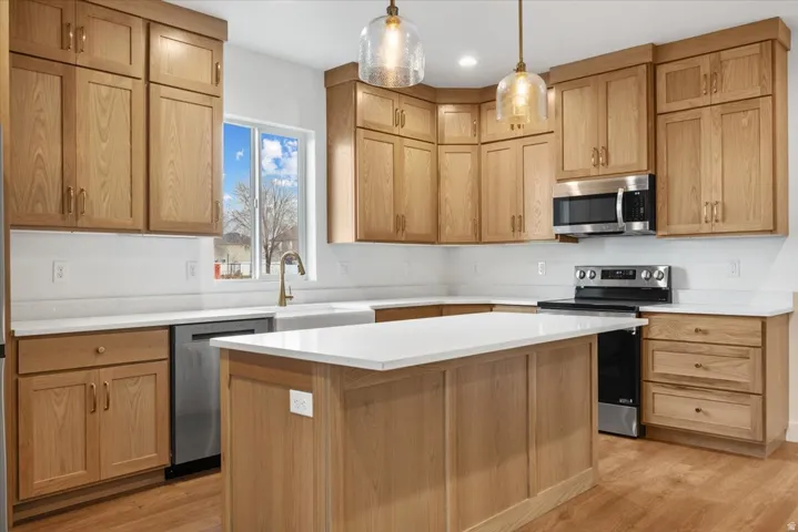 Kitchen featuring light wood-finish cabinetry, white countertops, a stainless steel microwave, and a stainless steel dishwasher