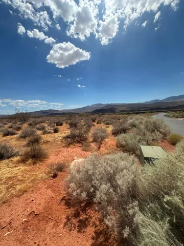 Expansive desert landscape featuring red soil and varied brush