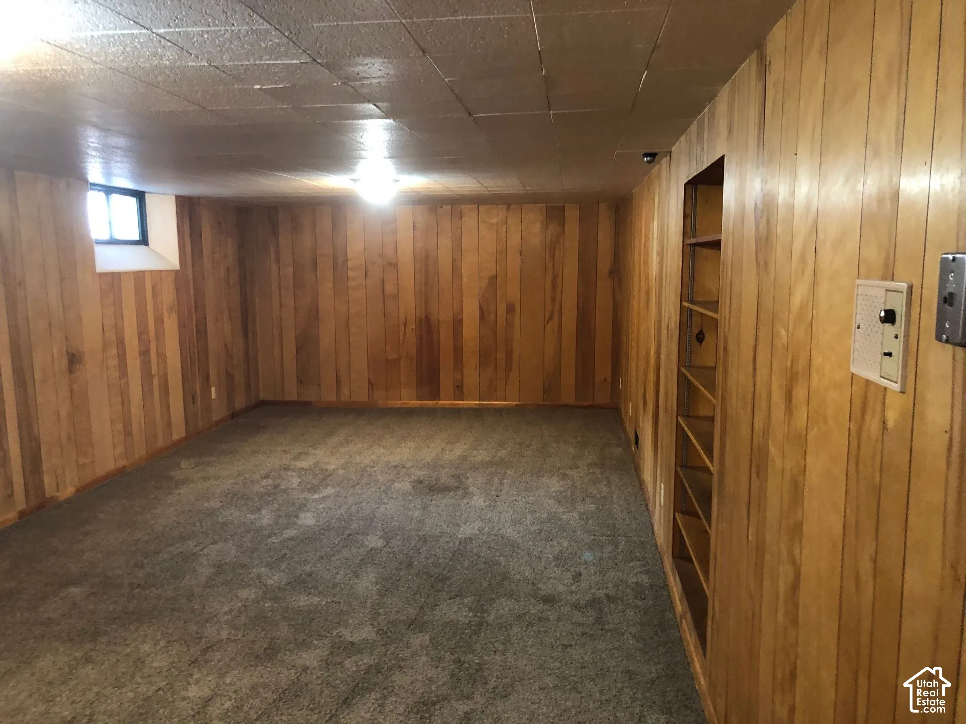 Wood paneling, built-in shelving, low-pile carpeting, and a window well with a fixed pane