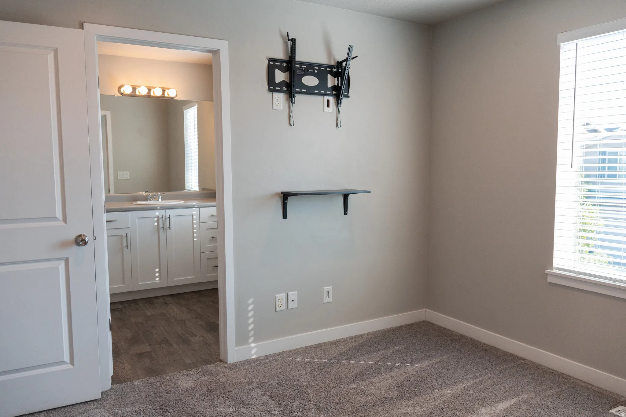Plush carpet flooring, a window with blinds, and light gray wall paint