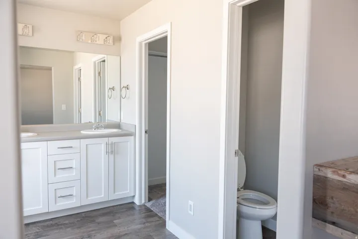 Spa-inspired primary bathroom featuring a dual-sink vanity with white cabinetry, brushed nickel hardware, and an expansive mirror with integrated lighting