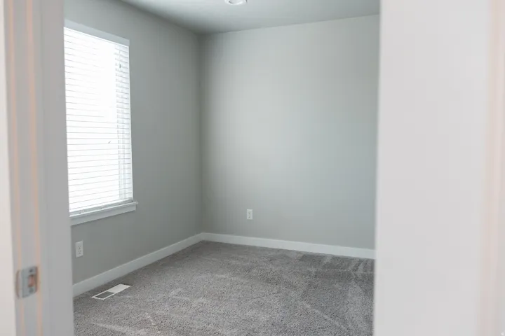 Neutral wall paint, recessed ceiling light, and carpeted flooring