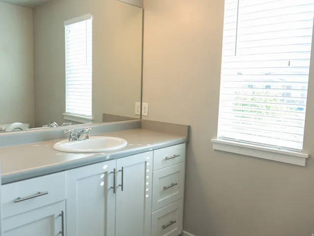 White vanity cabinetry with brushed nickel hardware, solid surface countertop, integrated sink with chrome faucet, and a large wall-mounted mirror