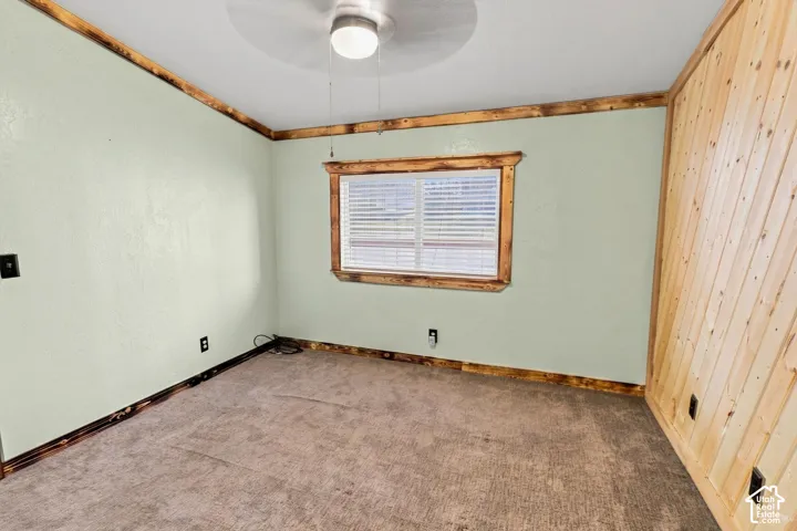 Wall-to-wall carpeting, wood-paneled accent wall, and wood-trimmed window