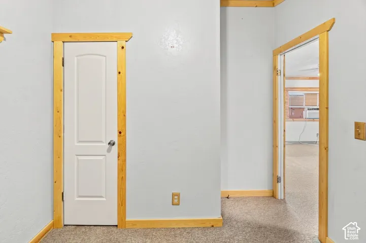 Light gray walls with wood-finish trim, white two-panel interior door with chrome hardware, and gray speckled carpet
