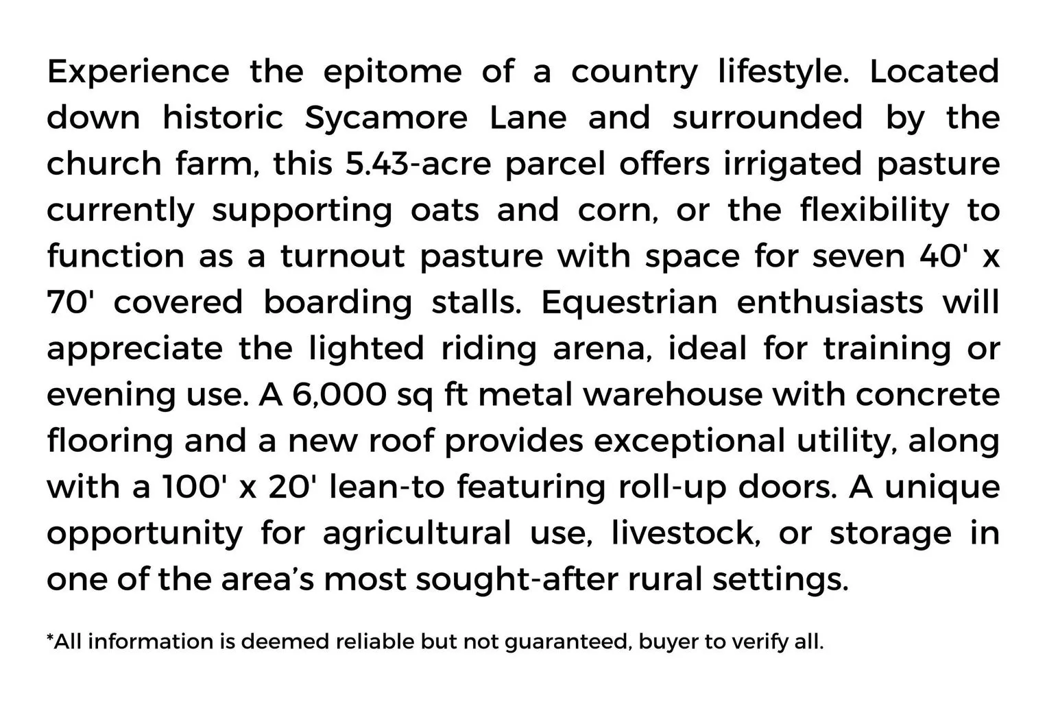 Property Description. Detailing the features and potential uses of the 5.43-acre parcel, including agricultural, livestock, and storage facilities
