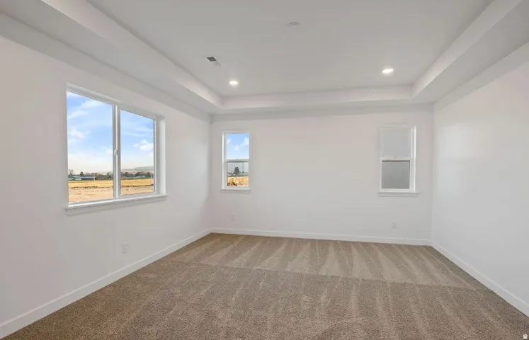 Tray ceiling with recessed lighting, multiple windows, neutral tone carpet, and white painted walls