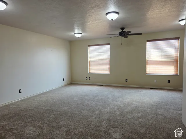 Expansive room featuring neutral-toned carpeting, two windows with blinds, a ceiling fan, and multiple flush-mount ceiling lights