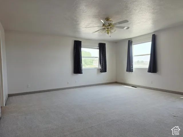 Light-colored wall-to-wall carpeting, white painted walls, and a ceiling fan with light fixture