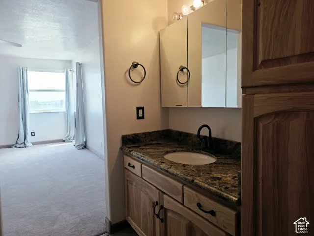Vanity with stone countertop, undermount sink, and wood-finish cabinetry