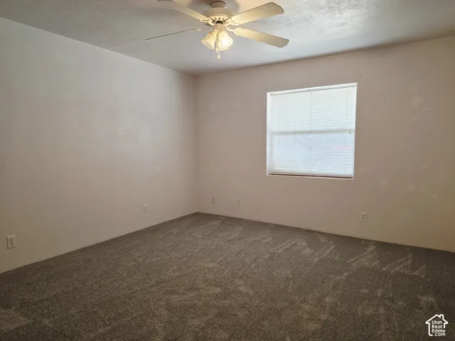 Recessed window with blinds, ceiling fan with light fixture, and textured carpeting