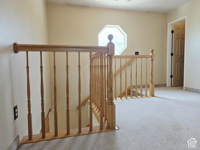 Octagonal window, wood baluster railing, neutral wall color, carpeted flooring, paneled interior door