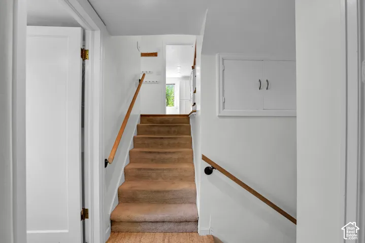 Carpeted staircase with light wood-finish handrails leading to an upper level